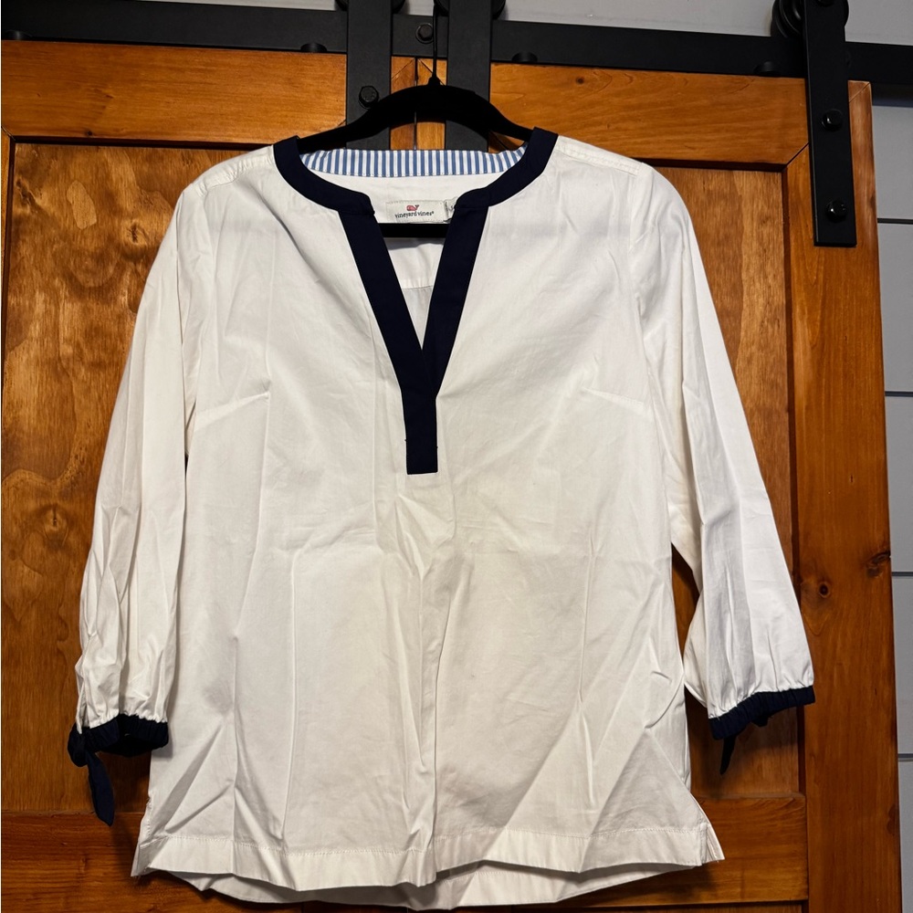 White Blouse with navy Trim